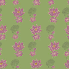 Vector green lotus seamless pattern background. Perfect for fabric, scrapbooking, sewing, crafting and wallpaper projects.