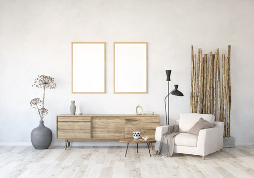 modern living room with couch and TV stand, frame mockup in the living room, living room with Heracleum and bamboo,  light interior of living room with wood floor and white wall, 3d render