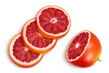Blood red oranges with slices isolated on white background with clipping path. Top view. Flat lay