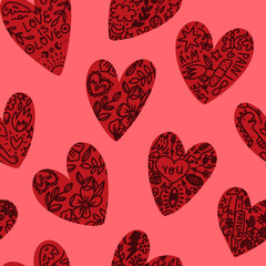 Valentine's Day seamless pattern. Hand-drawn hearts with tattoos with various symbols, phrases, messages. - obrazy, fototapety, plakaty