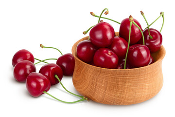 red sweet cherry in wooden bowl isolated on white background with clipping path and full depth of field