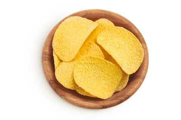 Potato chips in wooden bowl isolated on white background with clipping path and full depth of field. Top view. Flat lay.
