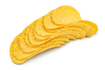 Potato chips isolated on white background with clipping path and full depth of field.