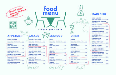 Restaurant cafe menu, template design. Single page food menu template.