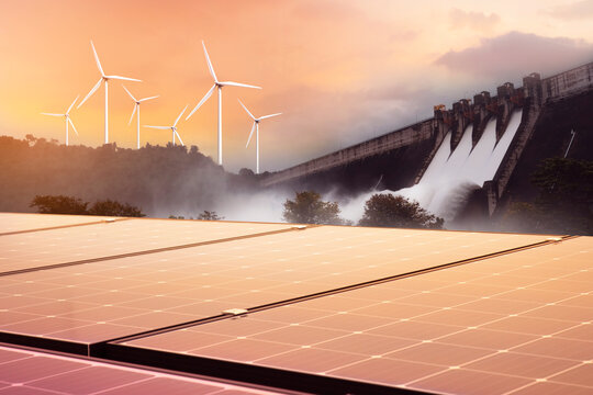 Electricity from solar panels, dams, and wind turbines. Environmentally-friendly renewable energy concept.
