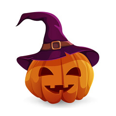 Halloween pumpkin in a magic hat. Orange Pumpkin  on white background with smile for your design for the holiday Halloween. Vector illustration. 