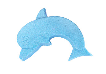Dolphin made of kinetic sand on white background, top view