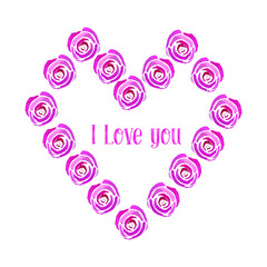 Watercolor hearts with pink roses isolated on white background. Pretty card, postcard, valentines elements.