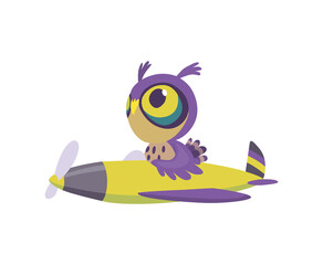 Cute baby animal owl on airplane. Funny pilot flying on plane. Cartoon vector character fly on retro transport