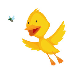 Cute chick. Baby cartoon yellow vector duck. Bird child character in funny facial expression, pose and gesture for graphic design. Catching insect