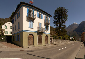 Fototapeta na wymiar Street scene in the Italian section of Grisons, Swiss Canton