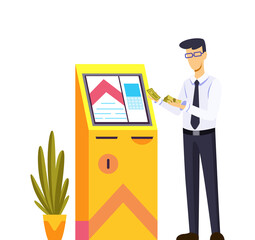 Bank office interior design. Modern financial center. Aassistant near the POS terminal offering personal help inside room view. Banking service finance manager