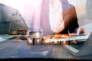 Business and lawyers discussing contract papers with brass scale on desk in office. Law, legal services, advice, justice and law concept picture with film grain effect