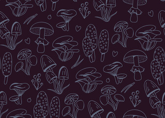 Hand-drawn vector lineart seamless doodle-style pattern with mushrooms on a dark background. Illustration in retro and cottage-core style with plants of the autumn forest.