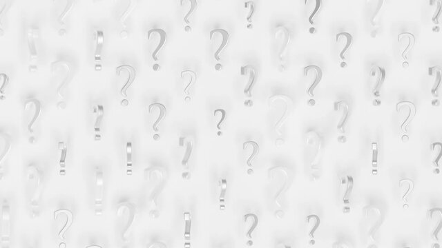 Mystery Question Marks Loop 1 Silver x White: many silver and white question mark symbols rotating and moving randomly over a white background. Question marks animated video. Seamless loop. 
