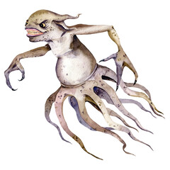 Watercolor magical creature illustraton, monster illustration, halloween illustration, scary monster, octopus
