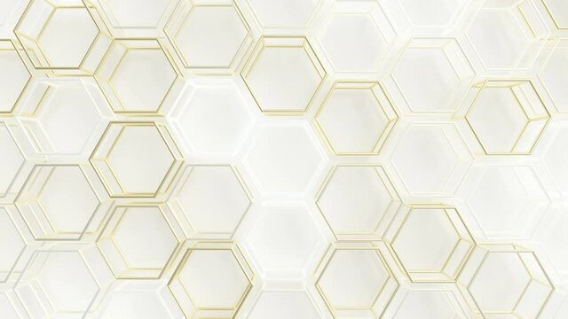 Wire Hexagons Array Loop 1 Gold x White: vibrant array of flashing hexagons, moving randomly, over a white background. Wireframe gold and white hexagons. Seamless loop. 
