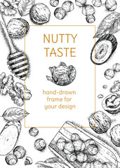 Naklejka premium Hand-drawn background with hazelnuts and walnuts on a white background. A sketch illustration with a place for the text. Composition for the design of the recipe magazine page, menu, banners. Top view