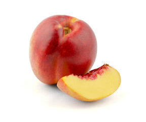 Juicy peach nectarine and peach slice on a white background. Peach on a white background, isolate