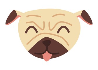 Cute pug dog face with tongue sticking out. Happy pet animal concept. Illustration in flat hand drawn style.