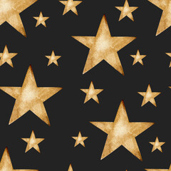 Fototapeta premium seamless pattern watercolor gold stars on black background, hand painted