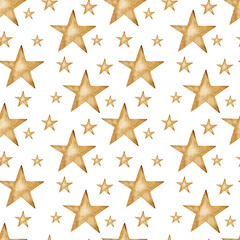 seamless pattern watercolor gold stars on white background, hand painted