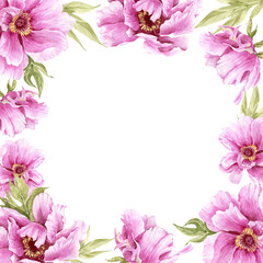 frame with delicate watercolor pink flowers peonies, illustration hand painted	
