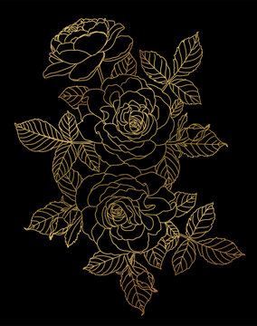 a bouquet of golden roses on a black background
