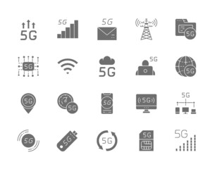 Set of 5G Internet Grey Icons. Database, Wireless Chip, Cloud System and more.