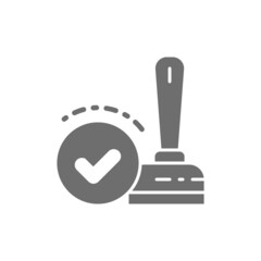 Approved, check mark stamp, verification, validation, quality control grey icon.