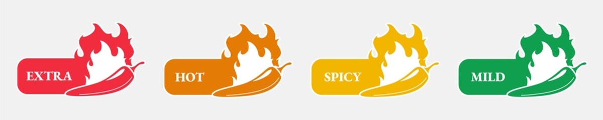 Spicy hot chili pepper icons set with flame and rating of spicy Mild, medium hot and extra hot level of pepper sauce or snack food Chili pepper or chile habanero and jalapeno level Hot pepper sign - obrazy, fototapety, plakaty