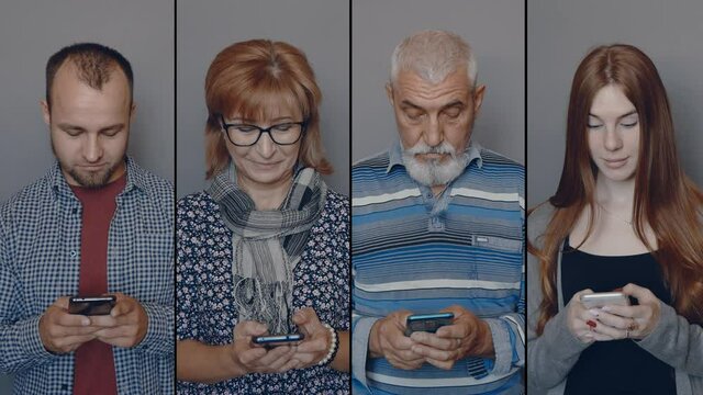 People using a mobile phone. Multi-screen on people using a smartphone. Nomophobia and cell phone addiction