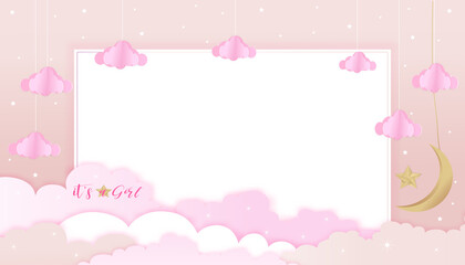 Baby boy shower card on blue sky and cloud background,Vector Cute Paper art origami cloudscape, crescent moon and stars on blue background, Cartoon backdrop with copy space for baby's photos