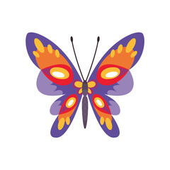 Obraz na płótnie Canvas Exotic color butterfly. Hand drawn moth wings or insect. Cartoon tropical animal. Isolated vector icon