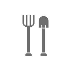 Pitchfork with shovel, gardening tools, agriculture grey icon.