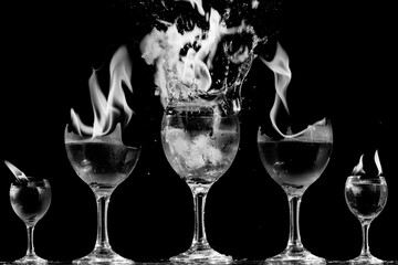 Taças de cristal com bebida e pedras de gelo dentro explodindo em chamas. 