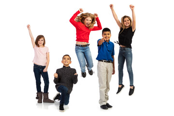 Kids: Bunch Of Excited Kids Cheering And Jumping - obrazy, fototapety, plakaty
