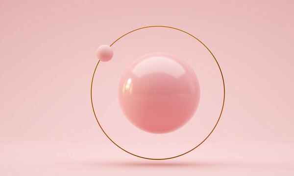 Floating Ball With Golden Ring And Orbital Sphere. Pink Color. 3d Render