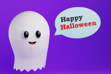 White ghost with eyes with text cloud happy halloween, 3d render