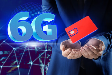 Man demonstrating 6G SIM card model and cityscape with connection lines on background, closeup