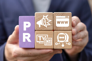 Concept of PR Public Relations. Marketing campaign. Announcements through mass media to advertise...