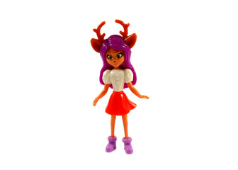 Fototapeta premium Figurine of a girl with a deer head on a white background