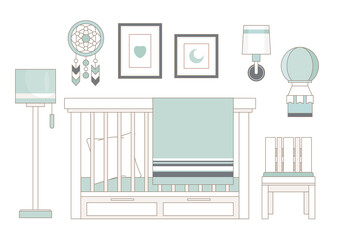 Modern wooden baby room. Nursery interior. Icon Collection