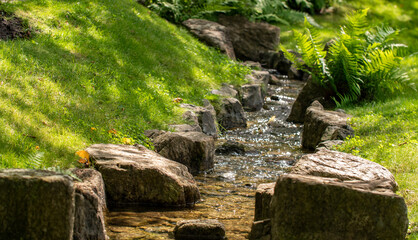 Little creek between rocks and gras