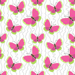Vector creative seamless pattern with butterflies and winding lines. Beautiful bright cute butterflies of pink and green color. Tropical butterflies
