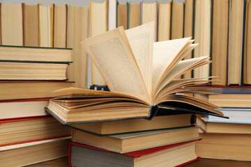 Naklejka premium Many hardcover books as background, closeup. Library material