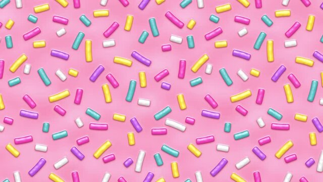 Pink donut glaze with many decorative colorful sprinkles endless background. Seamless loop