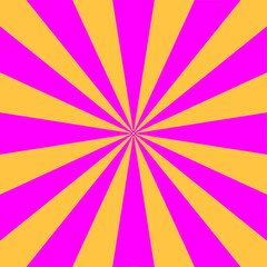 Yellow and purple sunburst background. Retro style 80s. Pop art poster. Sunbeam beams. Vector banner.