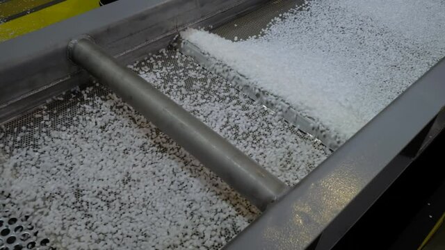 Propylene or polyethylene pellets - recycled plastic granules on conveyor belt, shale shaker of waste plastic recycling machine. Environmental protection, automated technology, separation concept