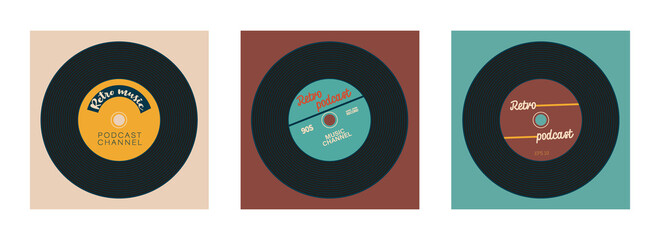 Set of covers for vintage podcast channel. Vinyl record with place for text. Retro style and colors. EPS 10 vector.